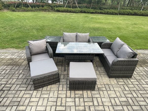 Fimous 7 Sitzer Rattan Garten Sofa Set Gartenmöbel Langer Rechteckiger Esstisch mit Sesseln 2 Großer Hockern 2 Beistelltischen Dunkelgrau gemischt