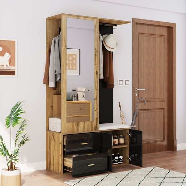 Kompaktgarderobe mit Spiegel, Schuhbank, Schuhregal und offenem Hängebereich, Garderobenschrank,Schwarz & Natur