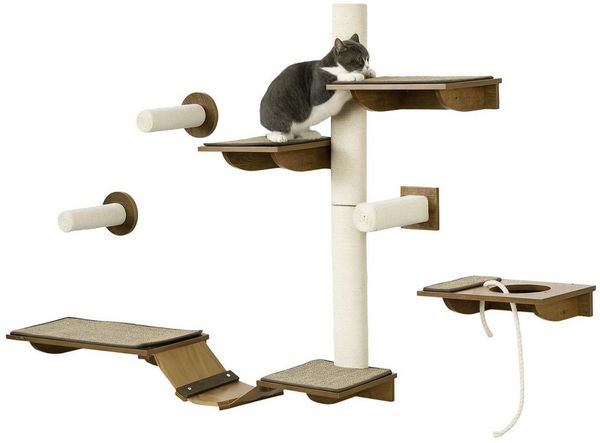 PawHut Katzen-Kletterwand Katzenwandmöbel mit Kratzbäumen, Sitzstangen, Leiter, für Wohnzimmer, Braun+Cremeweiß