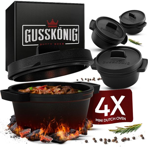 Mini Dutch Oven Set 4-teilig aus Gusseisen – 4x 300 ml mit Deckel & Griffen eingebrannt für Vorspeisen Desserts Grill & Ofen