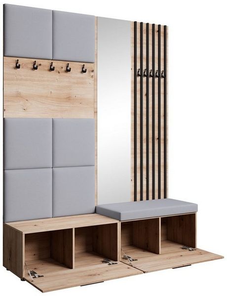 Beautysofa Garderobenschrank mit gepolsterten Paneelen und dekorativen Lamellen MARGARET I+II (Elegante Kleiderbügel) Zwei abschließbare Schuhschränke