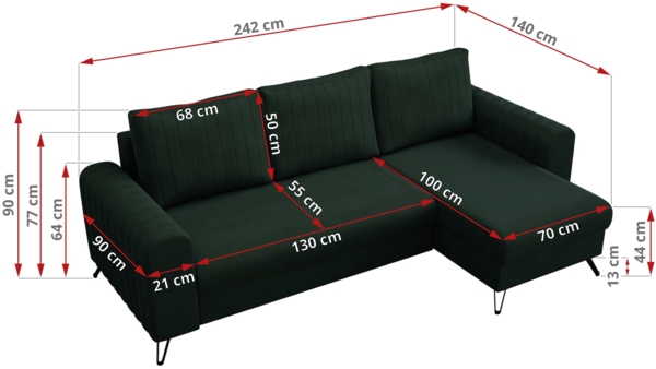 Ecksofa L-form, Bettsofa mit Schlaffunktion, zwei Bettkasten - AXEL - Grün Velours Bild 6