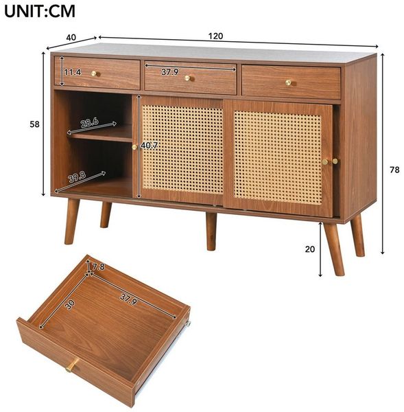 Celya Sideboard Kommode mit 3 Schubladen und 3 Schiebetüren, Rattangeflecht auf den Türfronten