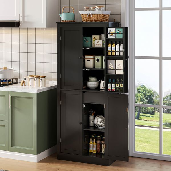 Küchenschrank, multifunktionaler Hochschrank, Sideboard mit zwei Regaltüren, Staufächern und innenliegender Schublade, 182 × 40 × 75, geeignet für Küche, Esszimmer und Wohnzimmer.