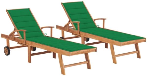 vidaXL Sonnenliegen 2 Stk. mit Auflagen Grün Massivholz Teak 3073191