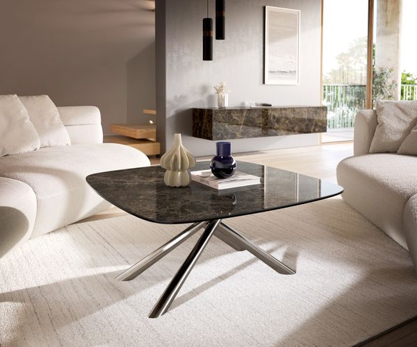 Couchtisch Edge Boot 90x90 cm Keramik Emperador Extra Lucidato Dunkelbraun Sarity Edelstahl gebürstet
