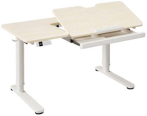 HOMALL Kinderschreibtisch Höhenverstellbarer Schreibtisch mit neigbarer Tischplatte & Schublade (Maße: 120 x 60 cm, Tischplatte um 60° nach oben klappbar, mit großer Schublade und Haken, 3-stufige Höhen-Speicherfunktion + Typ-C-Anschluss)