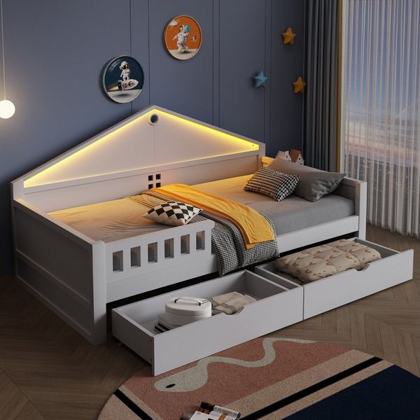 i@home Holzbett Kinderbett, Jugendbett, 90×200 cm, mit Lichtleiste, Schubladen, Lattenrost, Einzelbett