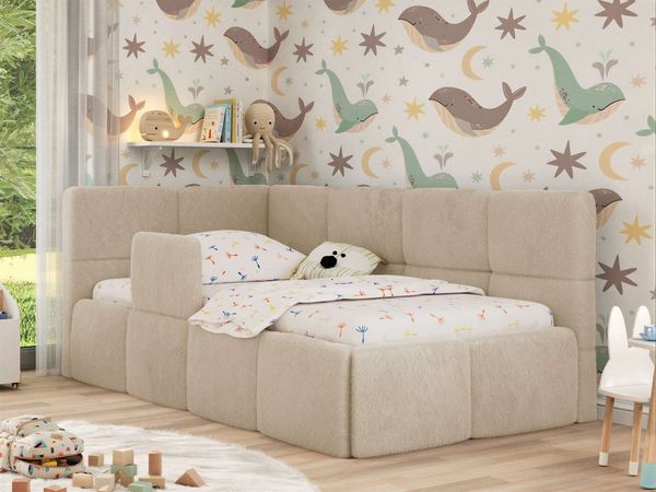 Jugendbett, Kinderbett mit Kopfteil ARVO ALTA 90x200 cm, Polsterbett mit Stauraum, hoher Schlafkomfort - Creme Plüsch - Links - ELORI LUX