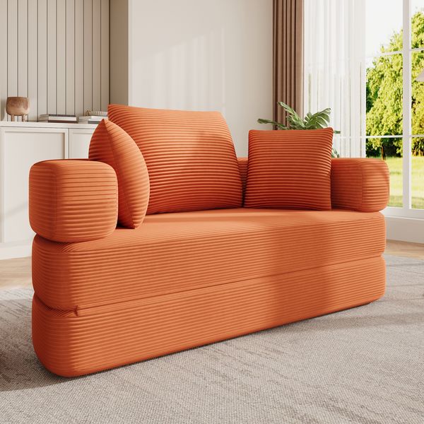 Sofa 2-in-1 mit Schlaffunktion, 173*176*40 cm, Cord-Stoff, Orange, faltbar zum ovalen Bett