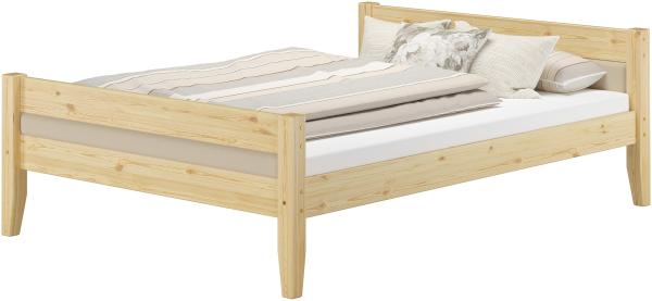 Massivholzbett Kiefer 140x200 modernes Polsterbett, Polsterfarbe taupe