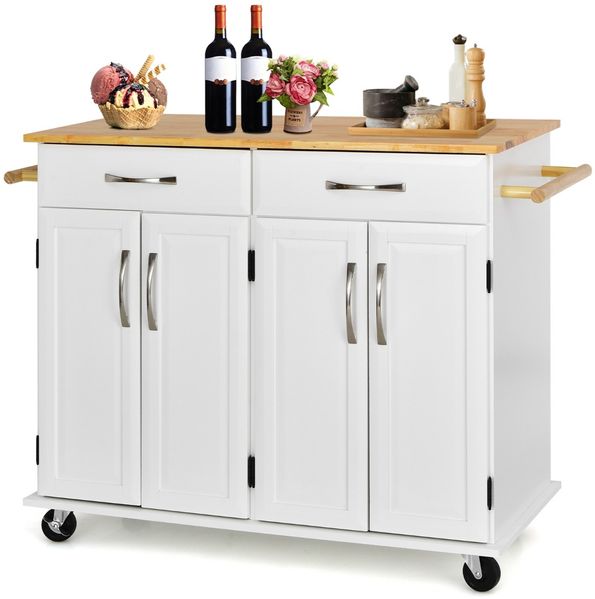Rollender Kücheninselwagen mit Arbeitsplatte aus Gummiholz 4-türiger Servierwagen 122 x 48 x 92,5 cm Weiß