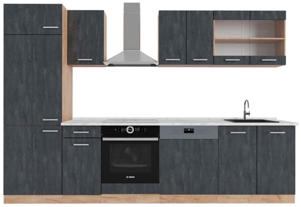 Küchenzeile R-Line Schwarz Beton/Goldkraft Eiche 300 cm AP Marmor Vicco