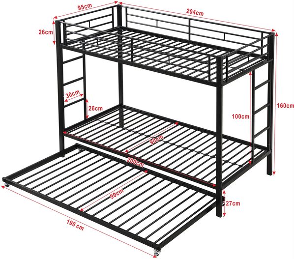 Metall Etagenbett 90x200 mit ausziehbarem Rollbett hochem Geländer Kinderbett stabil modernes Doppelstockbett schwarz Bild 5