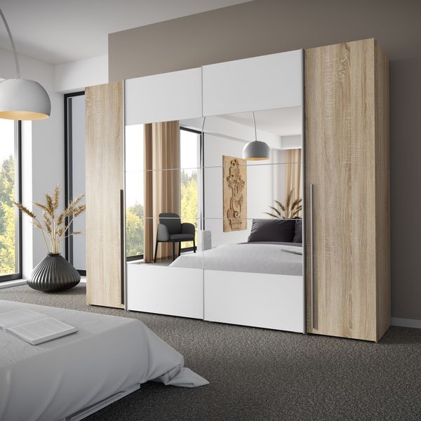 Forte NARAGO Kleiderschrank 270, moderner Dreh-/Schwebetürenschrank, 4-türig, Einlegeböden, Kleiderstangen, Holzwerkstoff, Sonoma Eiche Holzdekor /Weiß, 270,3 cm breit x 210,5 cm hoch x 61,2 cm tief