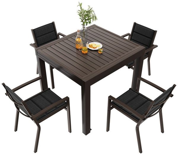 GUNJI Gartenstuhl Stapelstühle, Bequem, Korrosionsbeständigkeit Garten-essgruppe (verstärkter Alu-Outdoorstuhl, max Belastung 160 kg, stapelbar, leicht, Doppellagiger Sitzstoff), Aluminium-Gartentisch mit Klappbarer Tischplatte bis 100kg