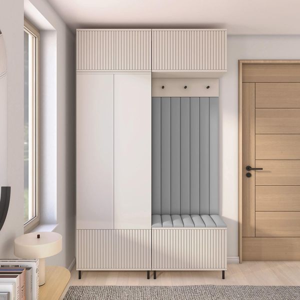 Garderoben-Set Ritmo Version 2 – gefräster Kleiderschrank mit hohen Füßen, Schuhschrank, Hängeschrank für den Flur (cashmere, Trinity 14), 235 x 40 x 140 cm