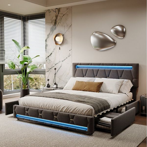 Furnishings Home Polsterbett Stauraumbett Doppelbett LED (Vier große Schubladen, Gepolstertes Kopfteil), Mit LED Beleuchtung, Lattenrost, Leinen, 160x200 cm