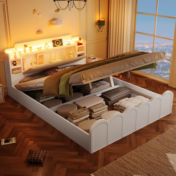 Merax Doppelbett 140x200cm, Hydraulische, Mit USB Typ-C Ladefunktion, LED-Beleuchtung, Appdienung, Flip-Top-Aufbewahrungsfach, Multifunktionale Aufbewahrung, Weiß