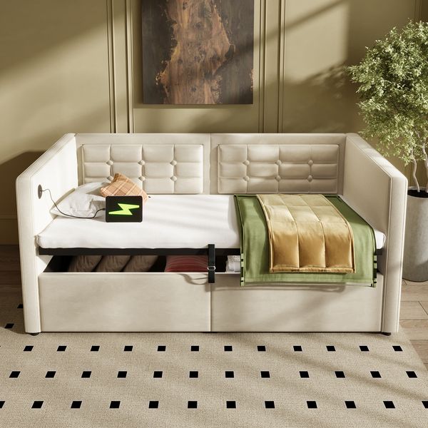 Beiges Hydraulisches Schlafsofa 90x200 cm Mit USB C Ladestation Und Stauraum Samtbezug 159 Kg Tragkraft