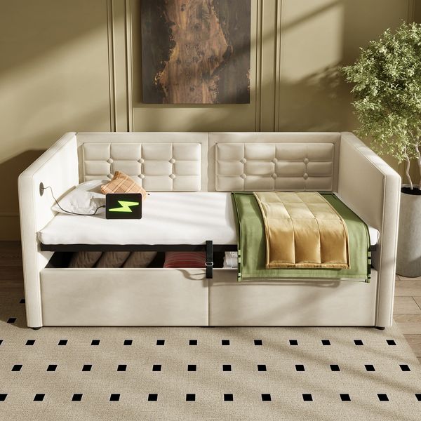 Beiges Hydraulisches Schlafsofa 90x200 cm Mit USB C Ladestation Und Stauraum Samtbezug 159 Kg Tragkraft