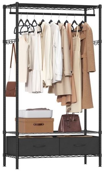 Songmics Kleiderständer offener Kleiderschrank, (Garderobenständer mit 2 Schubladen mit Kleiderstange), Garderobe mit Gitterablagen, freistehend, schwarz