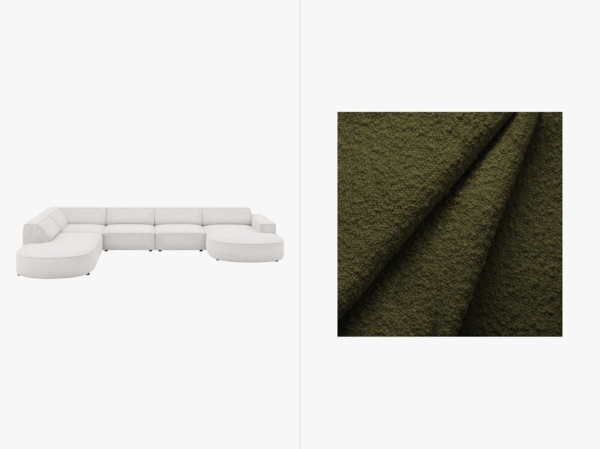 Micadoni Panorama-Ecksofa Jodie 7-Sitzer runde Recamiere Links Boucle Baloo Dunkel-Olivgrün