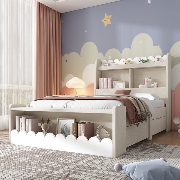 Bett 90x200 cm mit Stauraum und Regal in Weiß/Eiche – Kinderbett mit Schubladen und Sitzbank