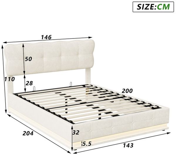 Furnishings Home Polsterbett Stauraumbett Doppelbett LED + Bettkasten (1 tlg), Mit LED-Beleuchtung, Hydraulisch, Lattenrost, Samt, 140x200 cm Bild 2