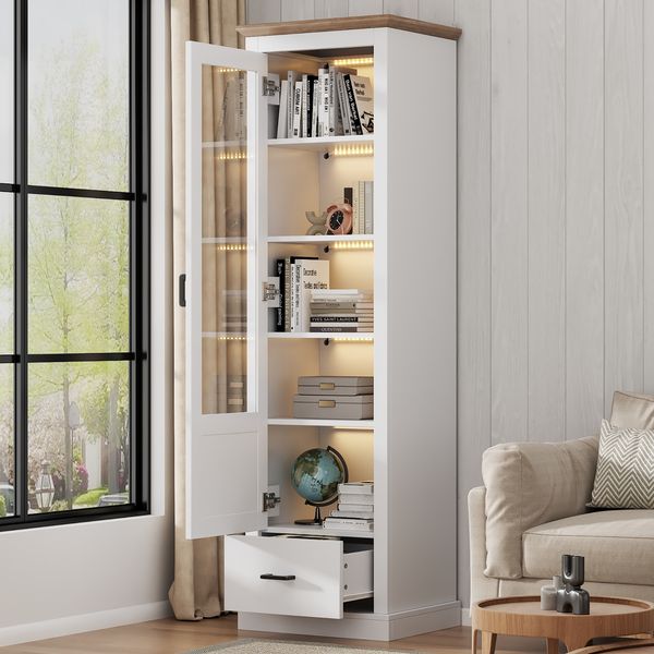 Standvitrine 178 cm Weiß Naturholzdekor mit LED 16 Farben USB, 5 Ebenen, Schublade, Vitrinenschrank für Wohnzimmer Deko Aufbewahrung