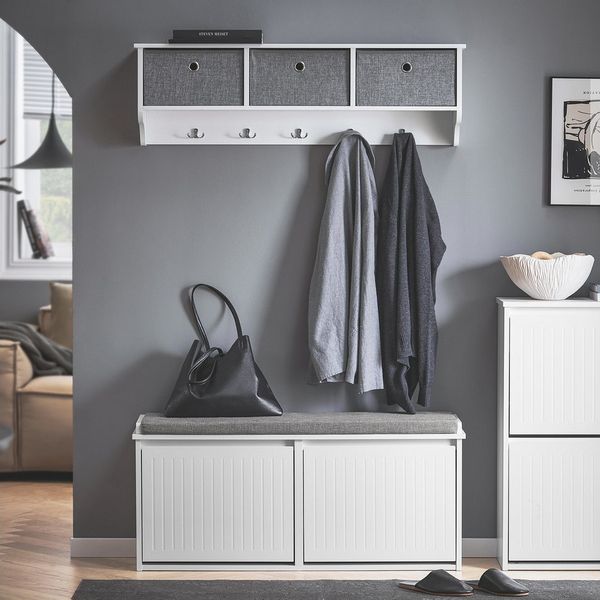 SoBuy Schuhkipper FSR98-XL, Schuhregal mit Stauraum, Schuhbank mit Sitzfläche, für Flur, Schuhschrankschmal, mit 2 Klappen, Schuhkipper Sitzbank Schuhkommode