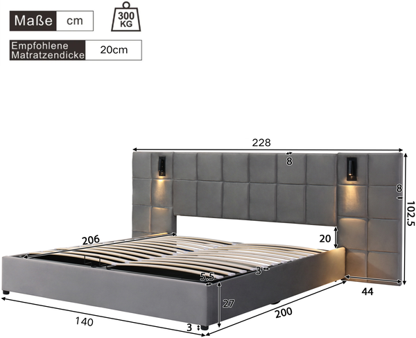 Polsterbett 140x200 cm – hydraulischer Bettkasten, Samtbezug, Stahlrahmen mit gepolstertem Kopfteil, verstellbares Leselicht & USB,Grau,Matratzen enthalten Bild 3