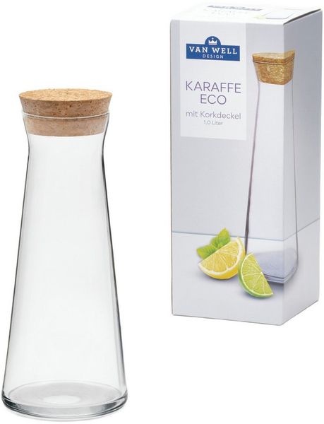 van Well Karaffe Glas-Karaffe mit Korkdeckel "Eco", 1,0 Liter, (1-tlg), ideal für Wasser, Saft oder Limonade