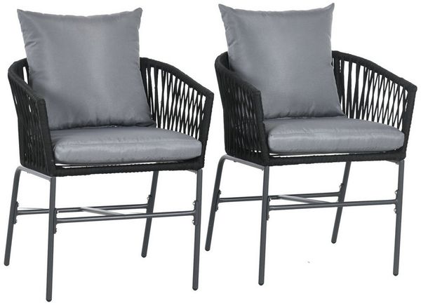 Outsunny Sitzgruppe 2er-Set Gartenstühle mit Kissen Gartensessel Set im Boho-Stil, (Gartenstuhl, 2-tlg, Gartenmöbel), Metallrahmen, 57 x 60 x 71 cm, Schwarz