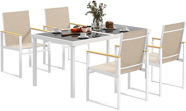 Gartenmöbel-Set mit rechteckigem Glastisch und 4 Stühlen mit Armlehnen, mehrfarbig