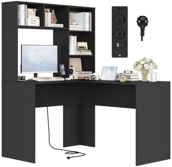 Homfa Schreibtisch mit Steckdose, Eckschreibtisch L-förmig, Computertisch Bürotisch weiß 152cm