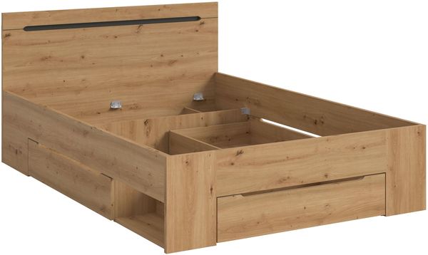 Bett Sova 140x200, Modernes Bett in Eiche-Optik mit Schubladen & Fächern