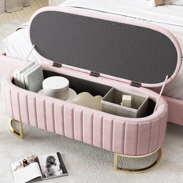 Merax Fußbank 120 x 40 cm, gepolsterte Fußbank mit Stauraum, Sofabank Bank, Samtstoff rosa