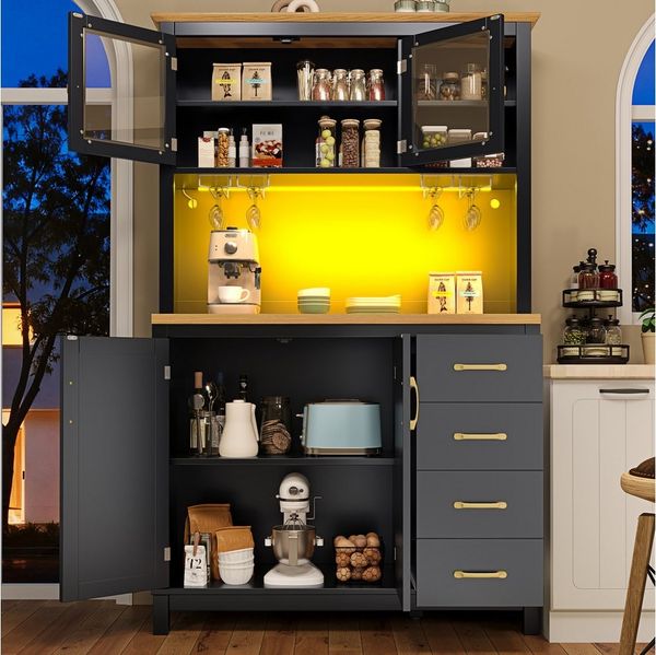 Flieks Küchenbuffet mit Arbeitsplatte in Holzoptik, LED-Beleuchtung, Glastür und Schublade (1-St, B105,5/T40/H180 cm) Hochschrank Küchenschrank Mehrzweckschrank Geschirrschrank Schwarz
