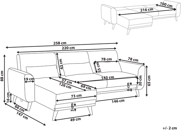 Beliani 'Ollsta' Ecksofa mit Schlaffunktion, Stoff, 88 x 147 x 258 cm, Schwarz, Links Bild 2