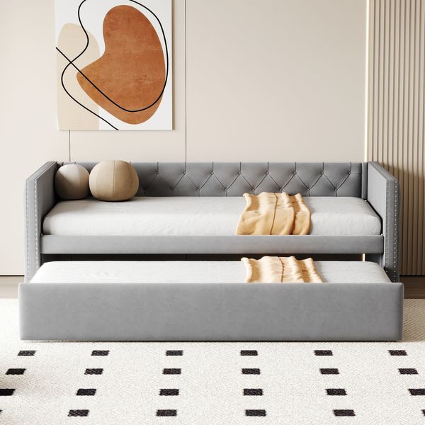 Merax Einzelbett, Polsterbett 90*200 cm&90*190 cm, Daybett Tagesbett Ausziehbares Schlafsofa, Mit Lattenrost, Multifunktionales Bett-Gästebett, Samt, Hellgrau