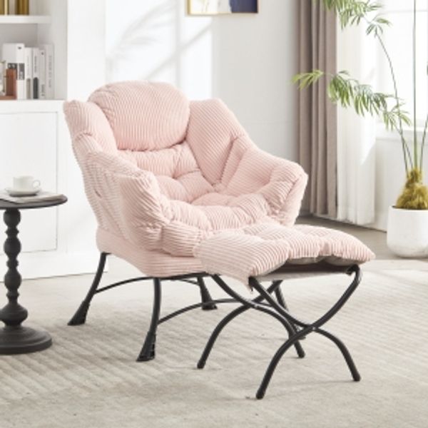 Loungesessel mit Hocker, Flanell & Stahlgestell, 70x64x95 cm, Rosa
