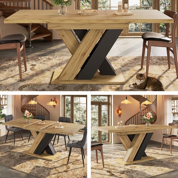 Esstisch Teleskoptisch (119-158,5×80cm), Küchentisch, mit Hilfe innenliegender Einlegeplatten auf 119-158,5cm ausziehbar, für Küche und Wohnzimmer, Holzfarbener Esstisch mit X-förmigen Beinen