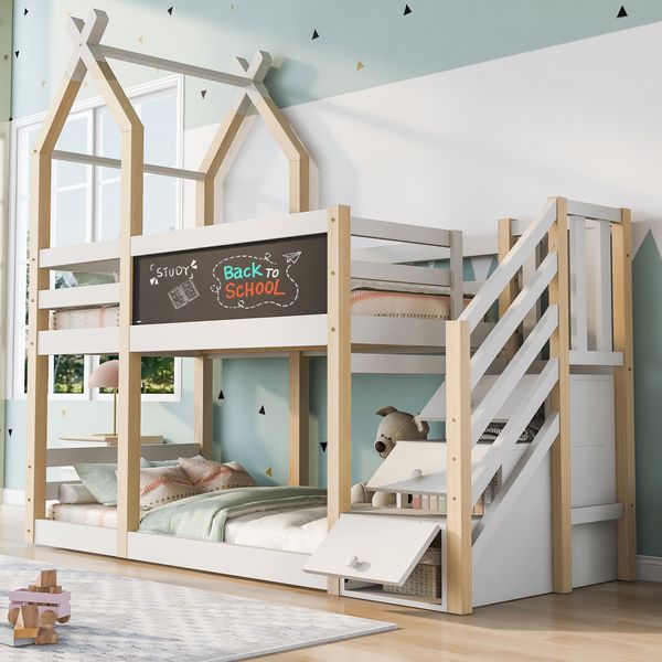 Hochbett 90x200 cm aus Holzmaterial und MDF mit Tafel, Aufbewahrungstreppe und Rausfallschutz