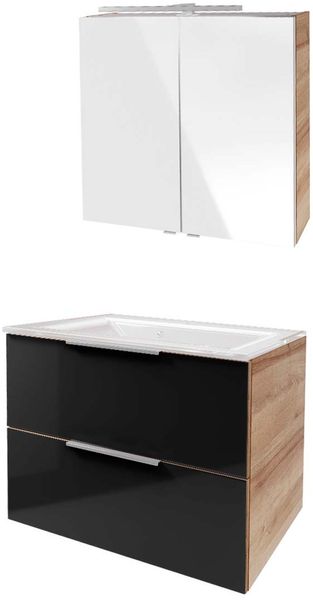 FACKELMANN B.BRILLLANT Waschtisch Set mit Spiegelschrank 80 cm breit, Anthrazit Glas/Braun hell, Waschbecken Glas Weiß