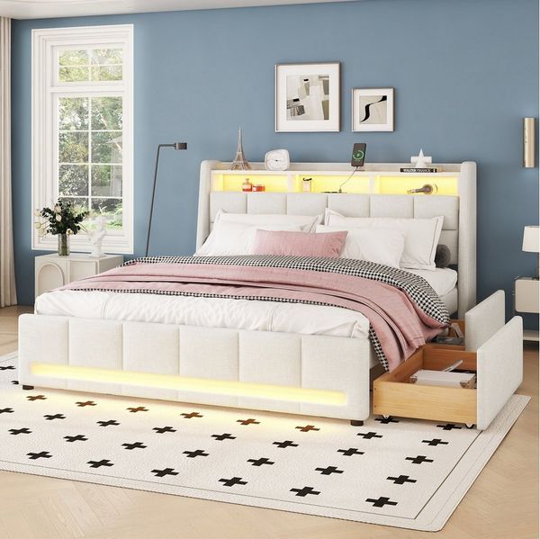 OKWISH Polsterbett Kinderbett Stauraumbett (mit USB-Ladeanschluss, LED-Ambientebeleuchtung & Schubladen, 160x200 cm), mit Matratze