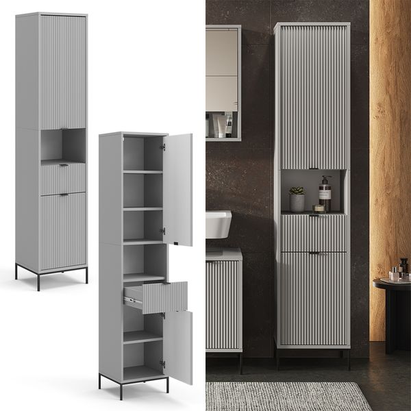 Badschrank Eliza Grau 40 x 190 cm mit Türen, und Schublade Vicco Bild 2