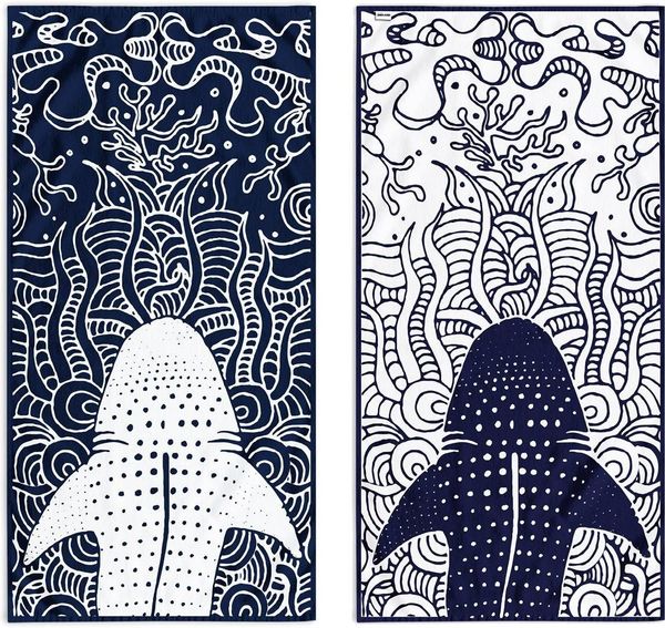 DecoKing Strandtuch groß 90x180 cm Baumwolle Frottee Velours Badetuch dunkelblau Marineblau blau weiß Haifisch Shark