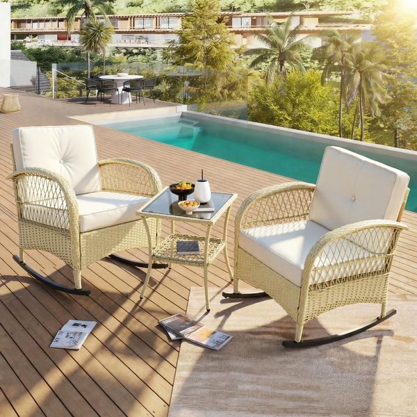 Gartenset beige-schwarz aus verzinktem Eisen, Rattan & wasserfestem Polyester-Stoff