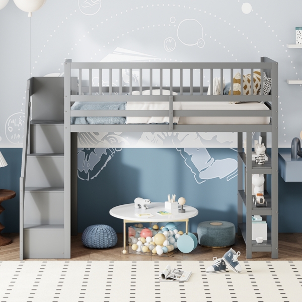 Hochbett 90×200 cm Massivholz mit Kleiderschrank & Sicherheitsleiter –Grau,viel Stauraum